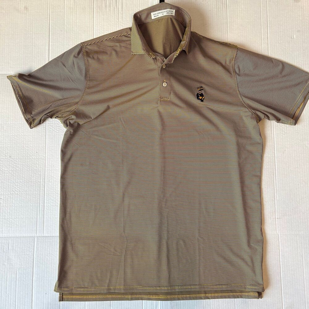 Holderness Bourne Polo Shirt Gold Navy Striped Golf Perkins Skull Logo Men’s XL
